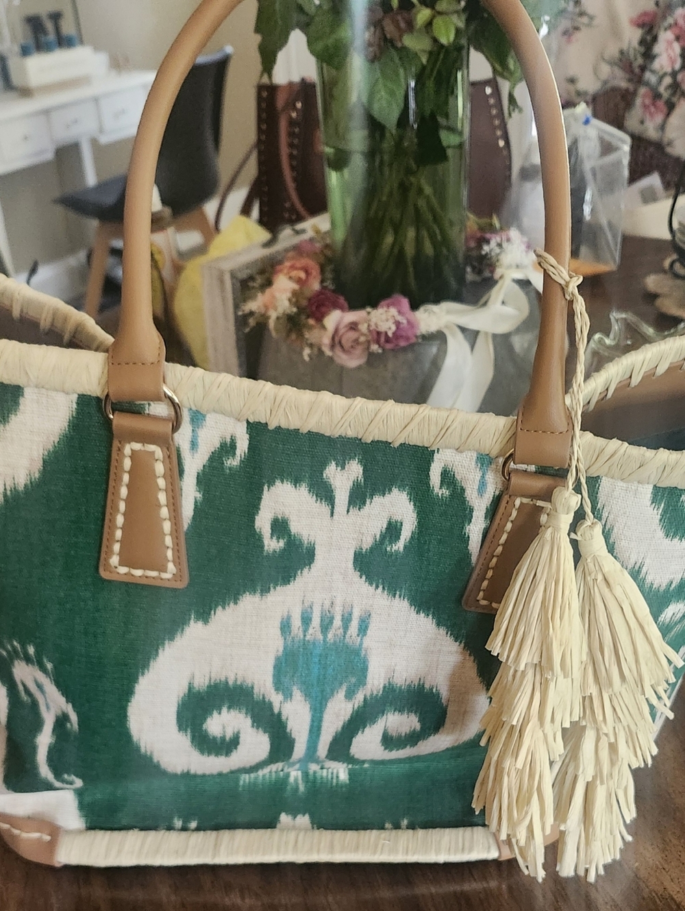 Chicos  Ikat Canvas Tote with Tan Leather Handles/rafia Trim